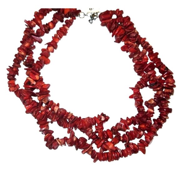 Vintage Necklace Red Coral Chip Beaded Three-Strand Statement 7.5" - Picture 1 of 7